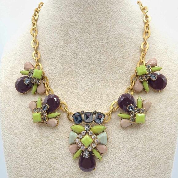 J Crew Chunky Green Brown Gray Crystal Statement Necklace - Picture 5 of 9